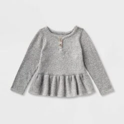Toddler Girls' Adaptive Long Sleeve Henley Peplum Shirt - Cat & Jack™ Heather Gray -Kid Clothing GUEST cacdff74 e42b 4967 8965 f7e3cf752573