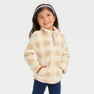 Toddler Girls' Checkered Quarter Zip-Up Jacket - Cat & Jack™ Beige 5 Toddler Girls' Checkered Quarter Zip-Up Jacket - Cat & Jack™ Beige - Image 3