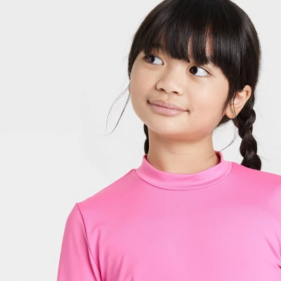 Girls' Solid Tunic Long Sleeve Rash Guard Swimsuit Top - Cat & Jack™️ Pink 3 Girls' Solid Tunic Long Sleeve Rash Guard Swimsuit Top - Cat & Jack™️ Pink