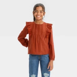 Girls' Long Sleeve Woven Ruffle Shirt - Cat & Jack™ Chestnut Orange -Kid Clothing GUEST db707300 f1d3 4eaa 8365 b655c2fac748
