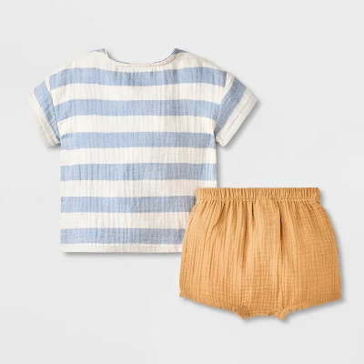 Baby Boys' Striped Henley Gauze Shorts Set - Cat & Jack™ Blue 3 Baby Boys' Striped Henley Gauze Shorts Set - Cat & Jack™ Blue