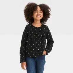 Girls' Long Sleeve Gold Foil Bow Woven Shirt - Cat & Jack™ Black -Kid Clothing GUEST e46cd42b 89be 47cd ad78 8b2c1e1a446b