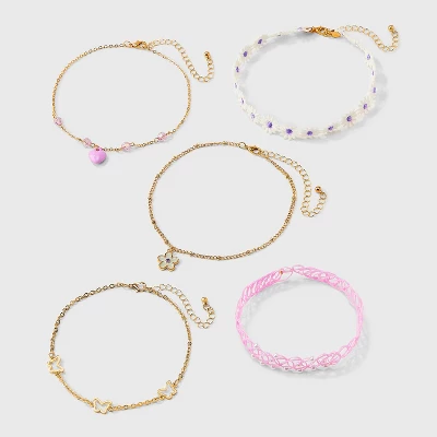 Girls' 5pk Flowers And Butterflies Necklace Set - Cat & Jack™️: Choker Style, Acrylic, Zinc Alloy 3 Girls' 5pk Flowers And Butterflies Necklace Set - Cat & Jack™️: Choker Style, Acrylic, Zinc Alloy