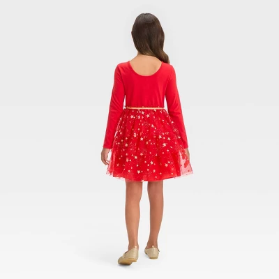Girls' Long Sleeve Star Tiered Tulle Dress - Cat & Jack™ Red 5 Girls' Long Sleeve Star Tiered Tulle Dress - Cat & Jack™ Red - Image 3