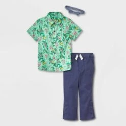 Toddler Boys' Adaptive 2pc Floral Printed Woven Short Sleeve Shirt And Pants Set With Bowtie - Cat & Jack™ Green -Kid Clothing GUEST e8b04562 195c 4654 91ee 6bc2ea5b148d