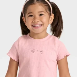 Toddler Girls' Short Sleeve Flower Ribbed T-Shirt - Cat & Jack™ Light Mauve 12M