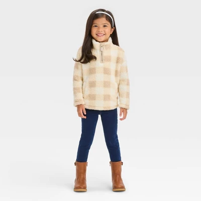 Toddler Girls' Checkered Quarter Zip-Up Jacket - Cat & Jack™ Beige 4 Toddler Girls' Checkered Quarter Zip-Up Jacket - Cat & Jack™ Beige - Image 2