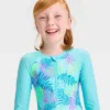 Girls' 'Beachy Palms' Leaf Printed One Piece Rash Guard Swimsuit - Cat & Jack™ Light Blue -Kid Clothing GUEST f71a14e4 1c74 40ee 842a 6ef7387c2c01