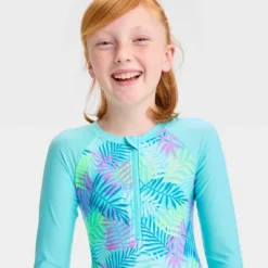 Girls' 'Beachy Palms' Leaf Printed One Piece Rash Guard Swimsuit - Cat & Jack™ Light Blue