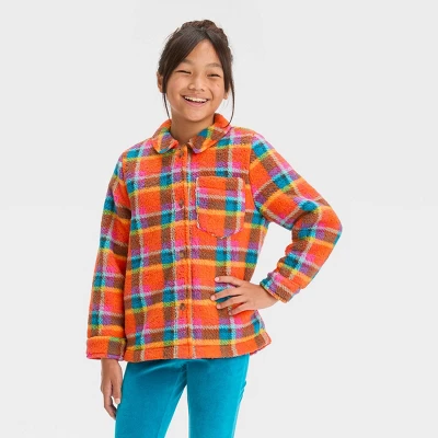 Girls' Button-Down Plaid Shacket - Cat & Jack™ Orange 5 Girls' Button-Down Plaid Shacket - Cat & Jack™ Orange - Image 3