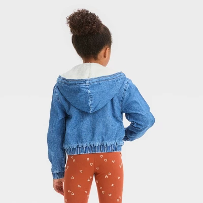 Girls' Hooded Zip-Up Faux Shearling Jean Jacket - Cat & Jack™ Medium Wash 3 Girls' Hooded Zip-Up Faux Shearling Jean Jacket - Cat & Jack™ Medium Wash