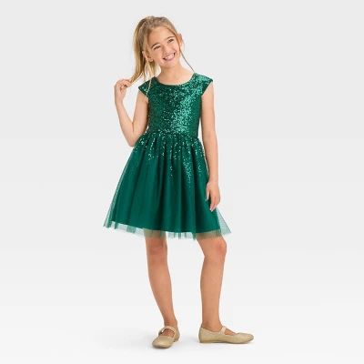 Girls' Cap Sleeve Sequin Dress - Cat & Jack™ Green 5 Girls' Cap Sleeve Sequin Dress - Cat & Jack™ Green - Image 3
