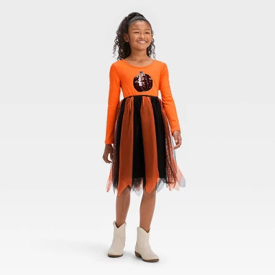 Girls' Adaptive Long Sleeve Sequin Halloween Tulle Dress - Cat & Jack™ Orange 3 Girls' Adaptive Long Sleeve Sequin Halloween Tulle Dress - Cat & Jack™ Orange