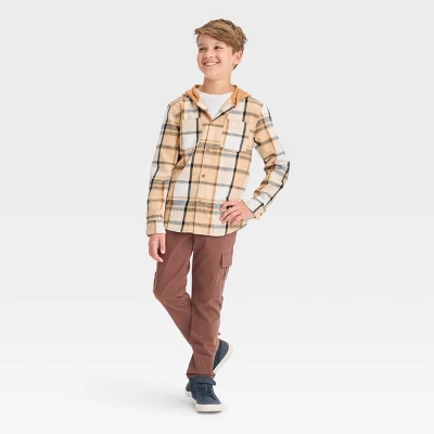 Boys' Long Sleeve Plaid Hoodie Shacket - Cat & Jack™ Beige 4 Boys' Long Sleeve Plaid Hoodie Shacket - Cat & Jack™ Beige - Image 2
