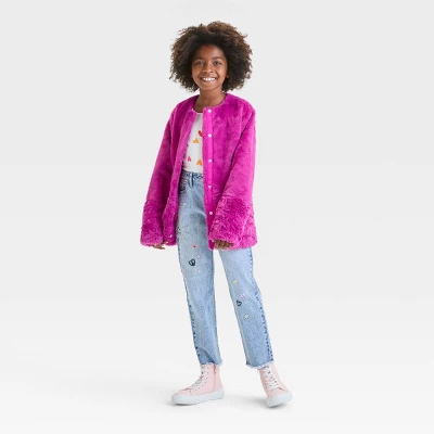 Kids' Solid Faux Fur Jacket - Cat & Jack™ Magenta 4 Kids' Solid Faux Fur Jacket - Cat & Jack™ Magenta - Image 2
