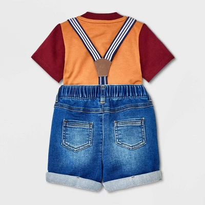 Baby Boys' Denim Shorts Henley Suspender Set - Cat & Jack™ Burgundy 3 Baby Boys' Denim Shorts Henley Suspender Set - Cat & Jack™ Burgundy